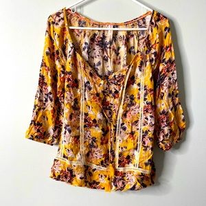 Xhilaration Yellow Floral Tassel Blouse Small